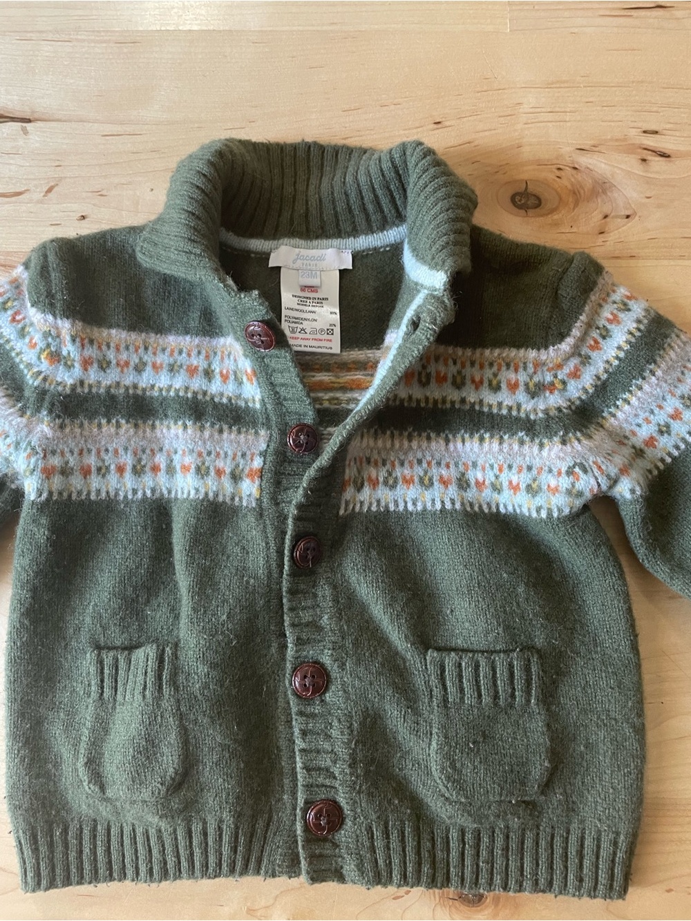 Jacadi Paris Wool Cardigan 23M Olive Fair Isle Knit Sweater Toddler